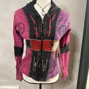 Women's Boho Patchwork Hooded Jacket - Pink & Black